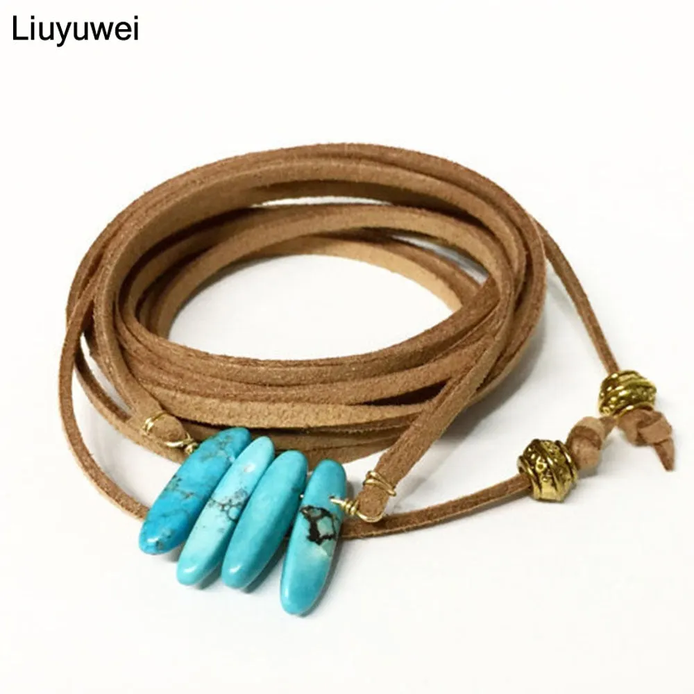 Turquoise Stones Tan Suede Leather Lariat Necklace So Many Ways To Wear It Southwestern Bolo Tie Style Stacking Necklaces Look