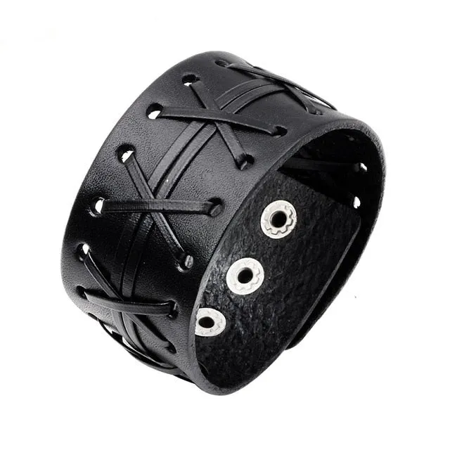 Two Row Laced Eyelet Heavy Metal Leather Bracelet