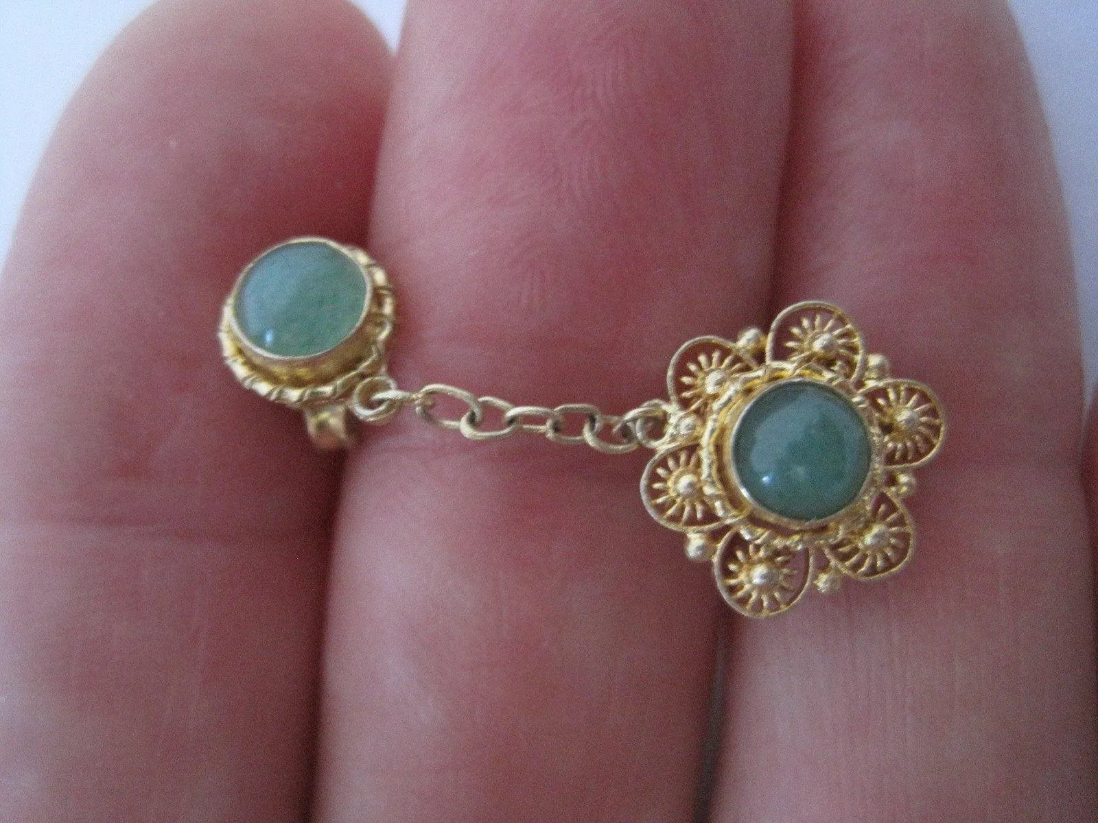 Vintage Chinese Gold Gilt Silver and Jade Post Earrings