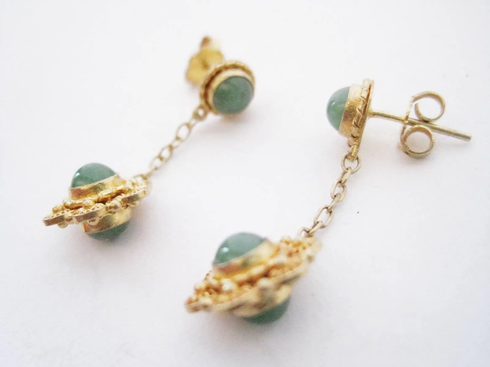 Vintage Chinese Gold Gilt Silver and Jade Post Earrings