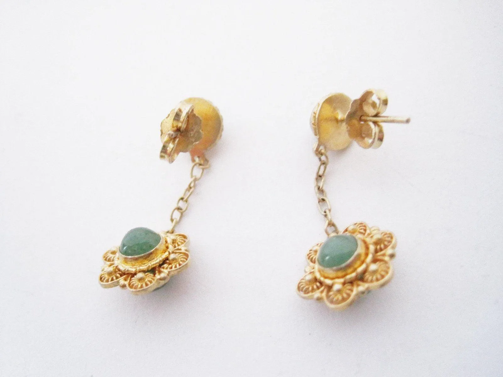 Vintage Chinese Gold Gilt Silver and Jade Post Earrings