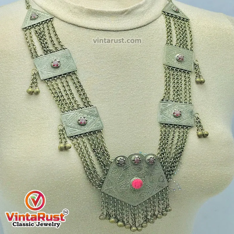 Vintage Silver Kuchi Pendant Necklace With Glass Stone