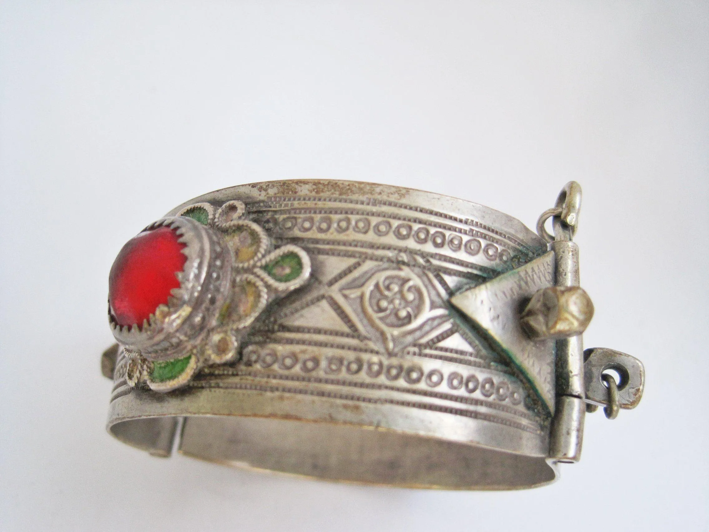 Vintage Silver Moroccan Bracelet with Enamel and Glass