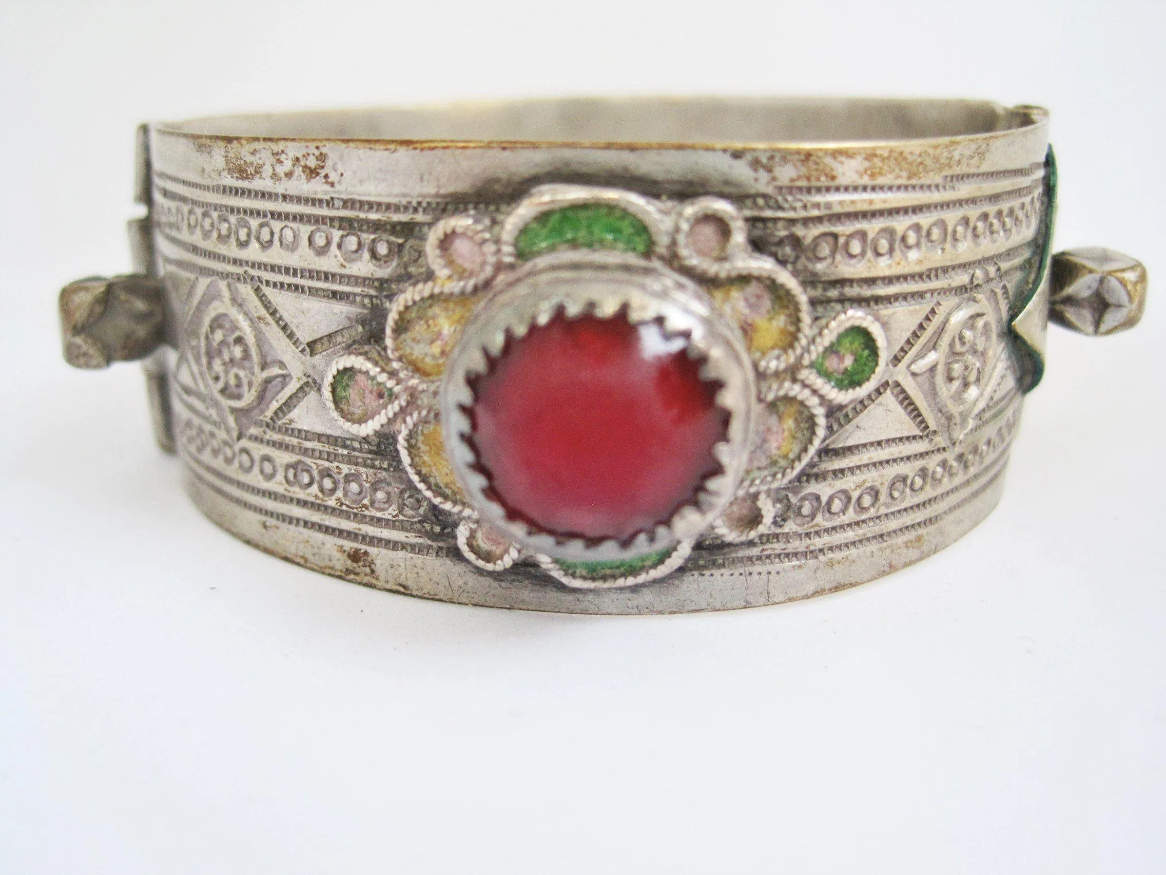 Vintage Silver Moroccan Bracelet with Enamel and Glass