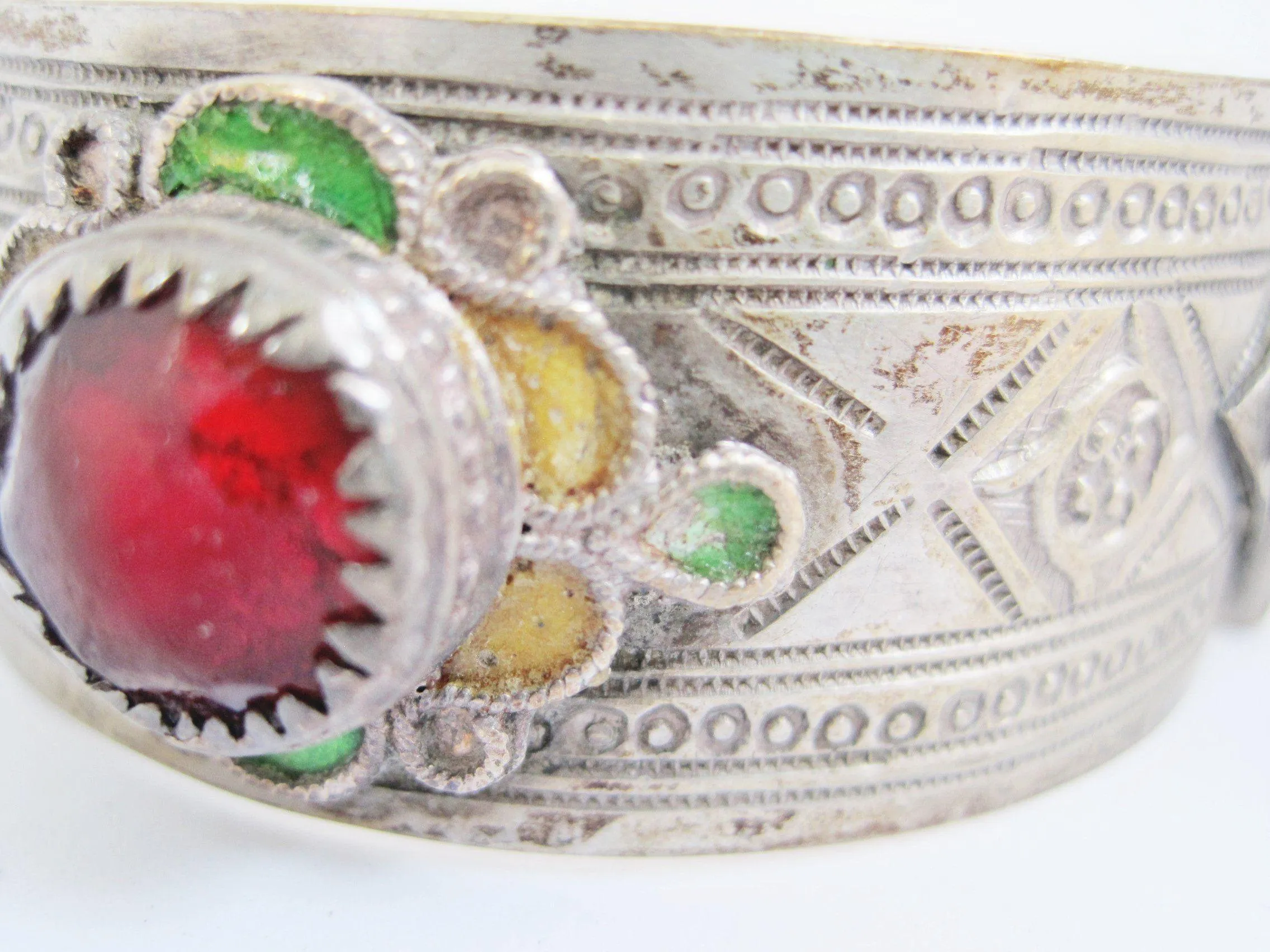 Vintage Silver Moroccan Bracelet with Enamel and Glass