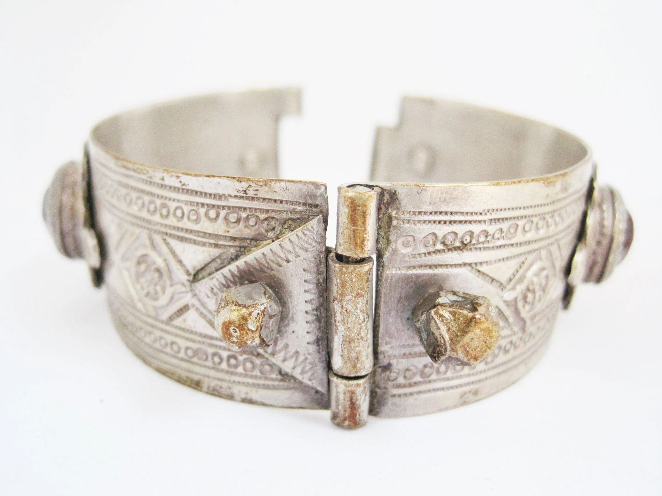 Vintage Silver Moroccan Bracelet with Enamel and Glass