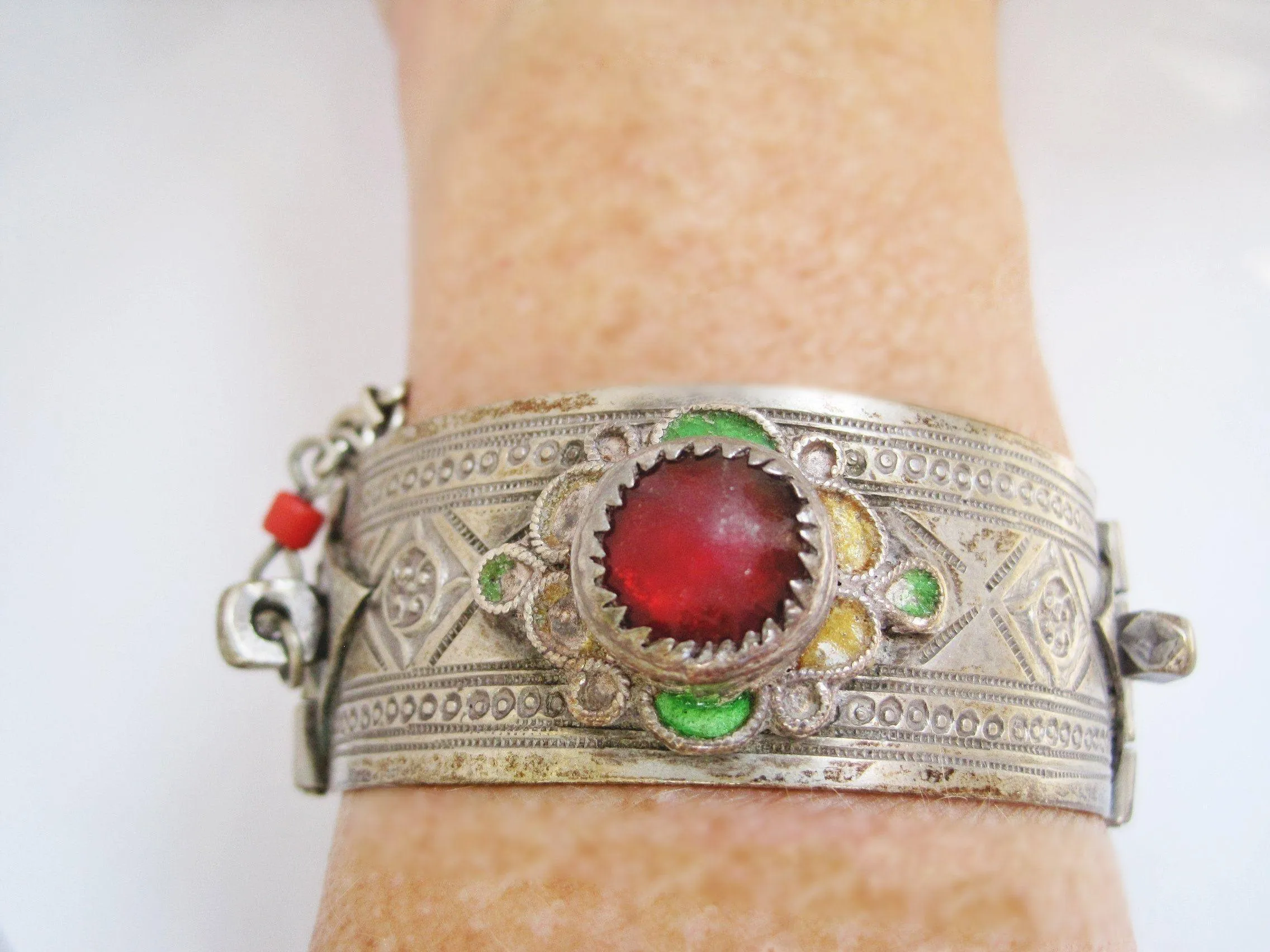 Vintage Silver Moroccan Bracelet with Enamel and Glass