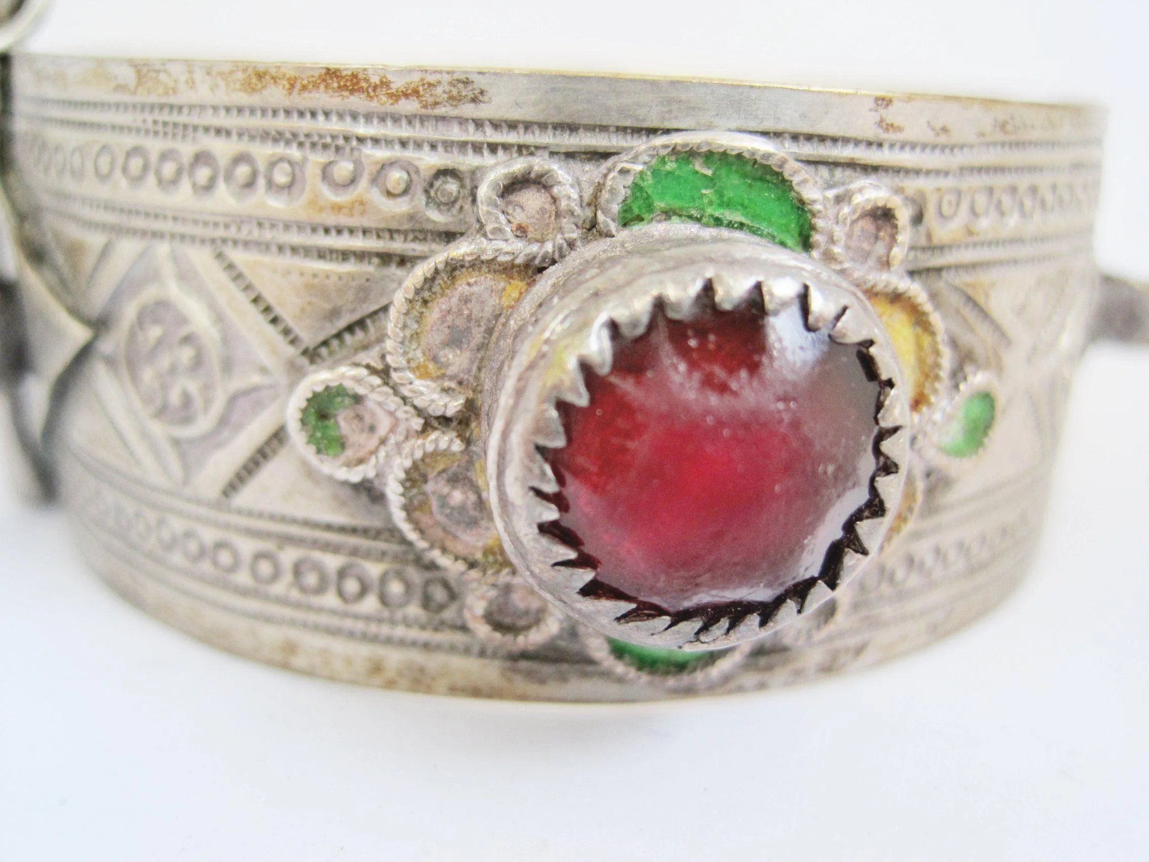 Vintage Silver Moroccan Bracelet with Enamel and Glass