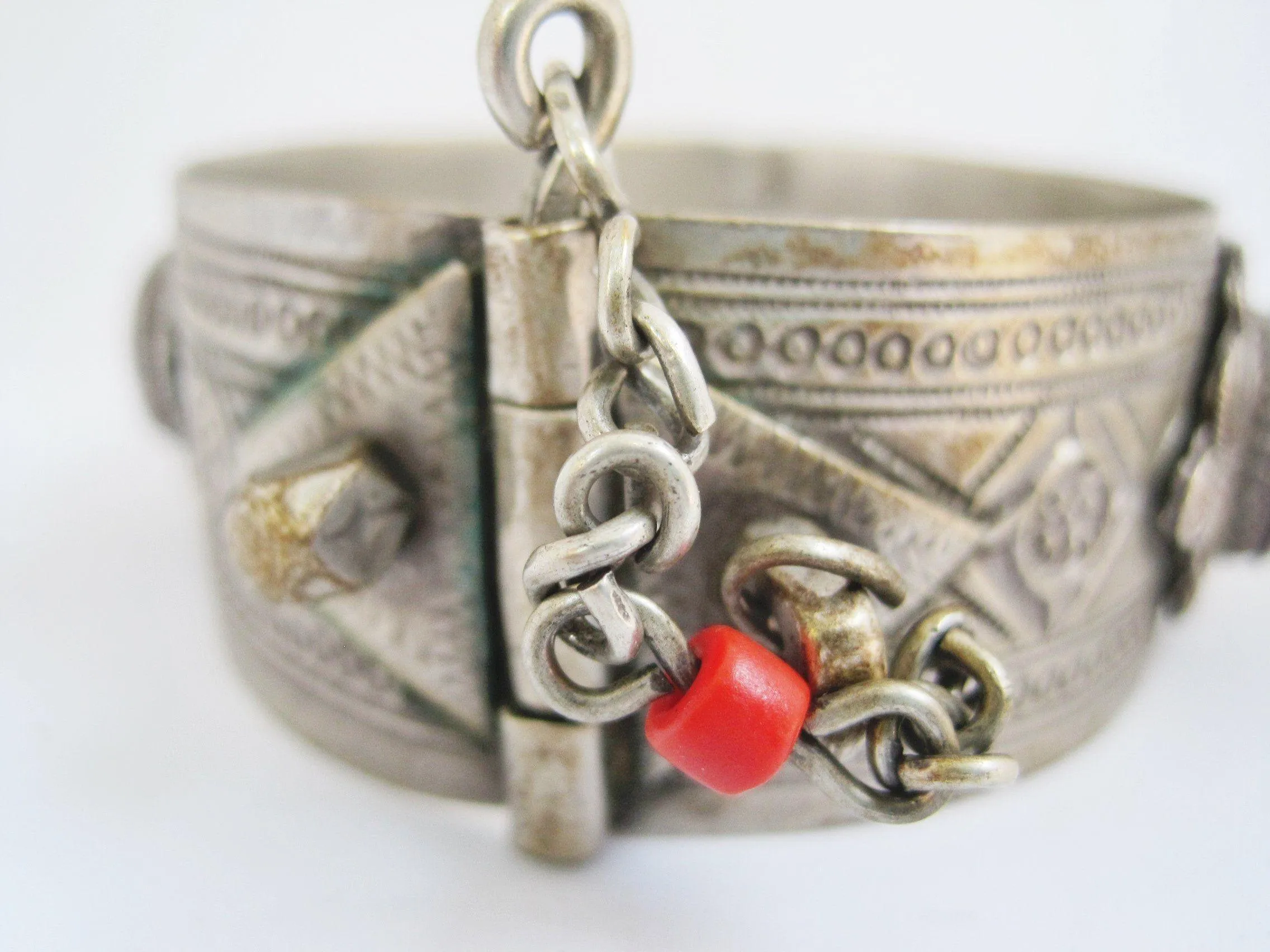 Vintage Silver Moroccan Bracelet with Enamel and Glass