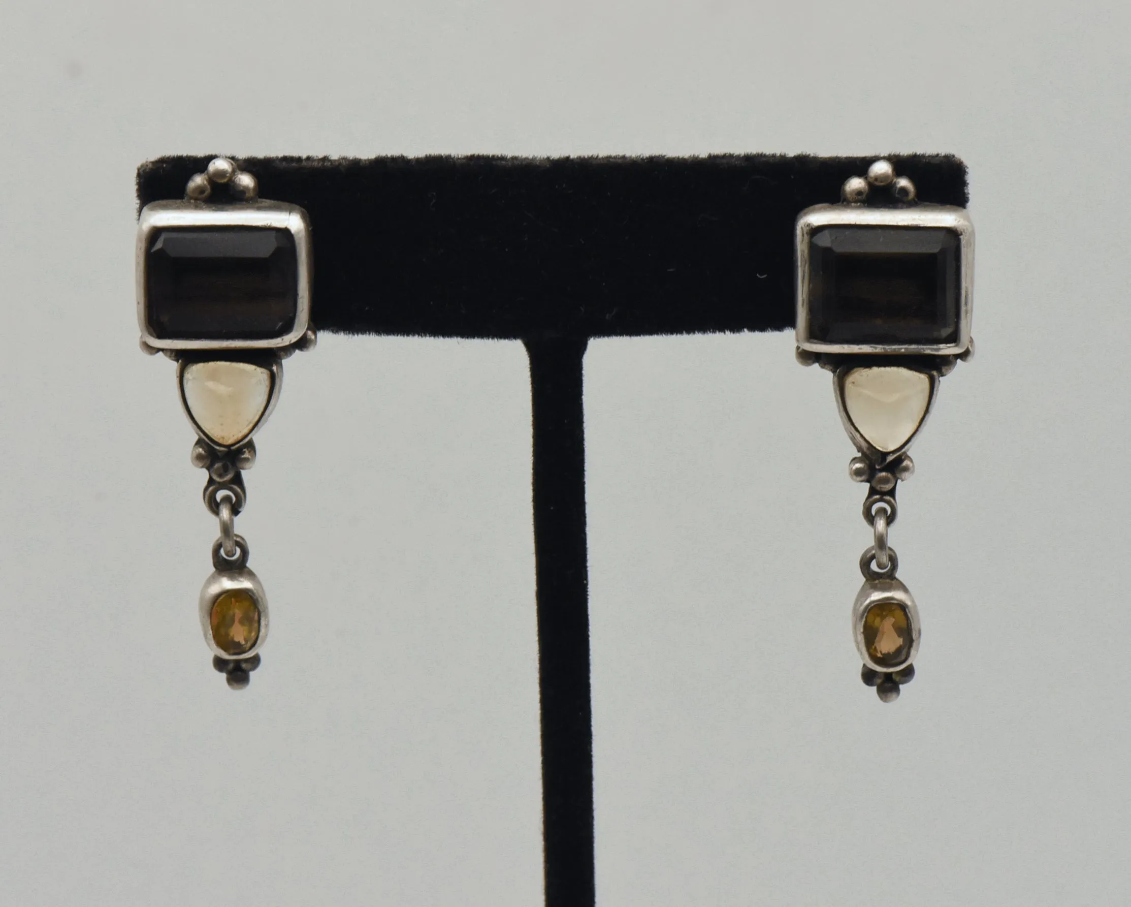 Vintage Smoky Quartz, Citrine and Topaz Sterling Silver Earrings