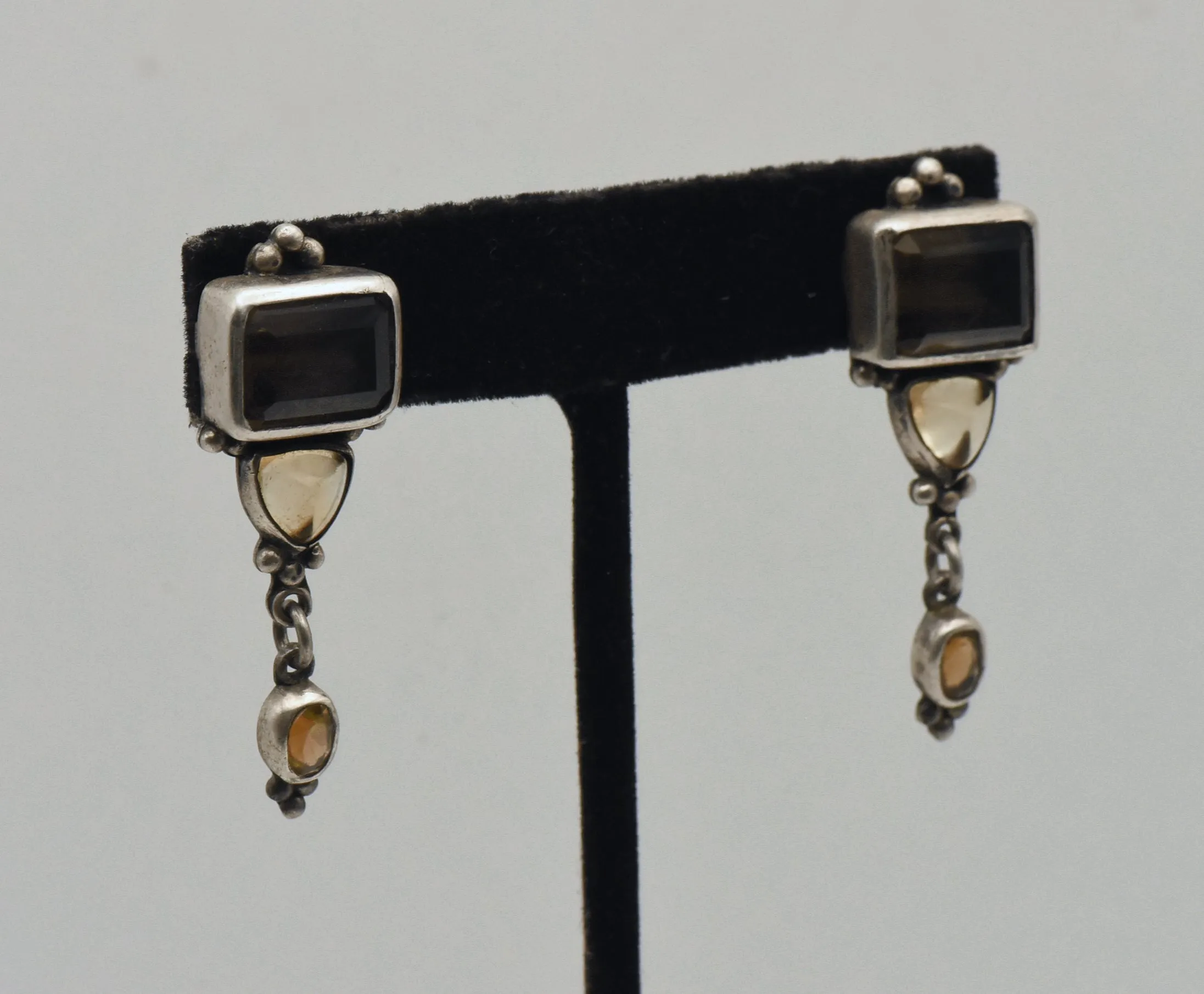 Vintage Smoky Quartz, Citrine and Topaz Sterling Silver Earrings