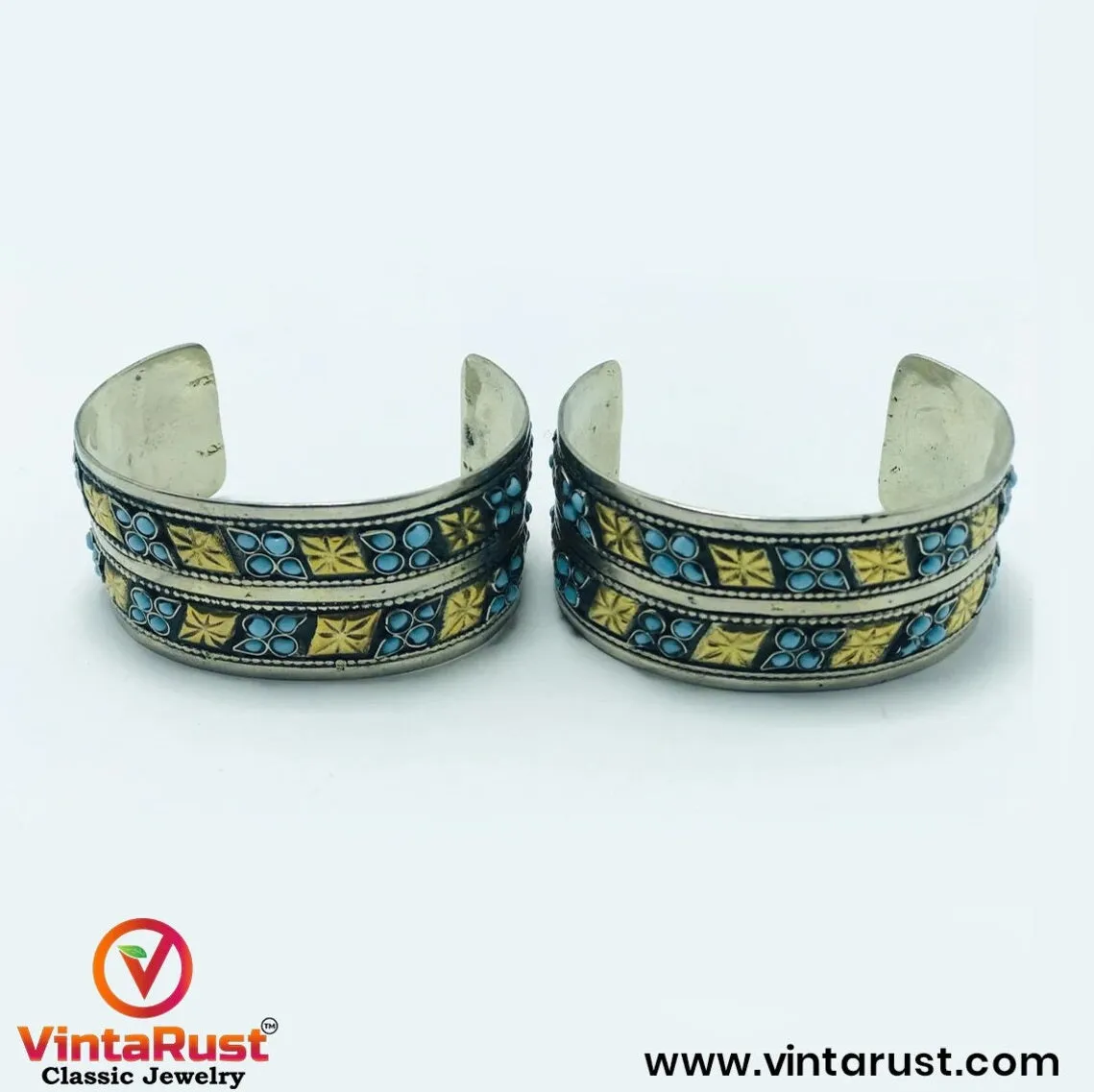 Vintage Tribal Cuff Bracelet With Turquoise Beads