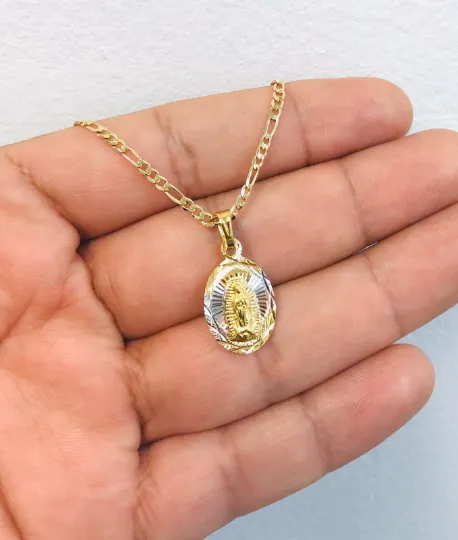 Virgen de Guadalupe Diamond Cut Necklace, 14K Gold Filled Tri Color Guadalupe Pendant 20x13mm for Womens Mens / Cadena con Dije de la Guadalupe / Guadalupe Jewelry with Figaro Chain