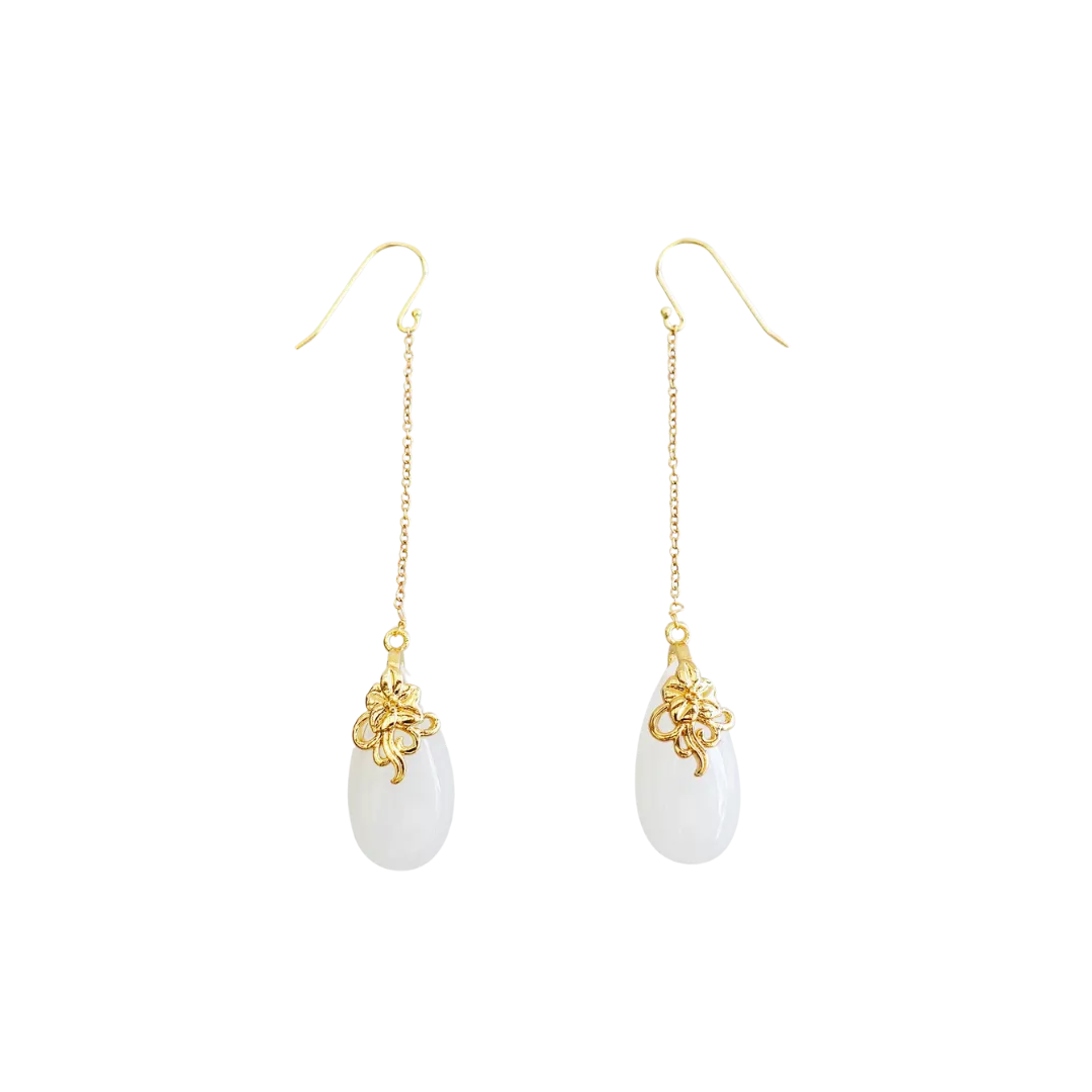 White Jade Earrings with Long Dangle Chain