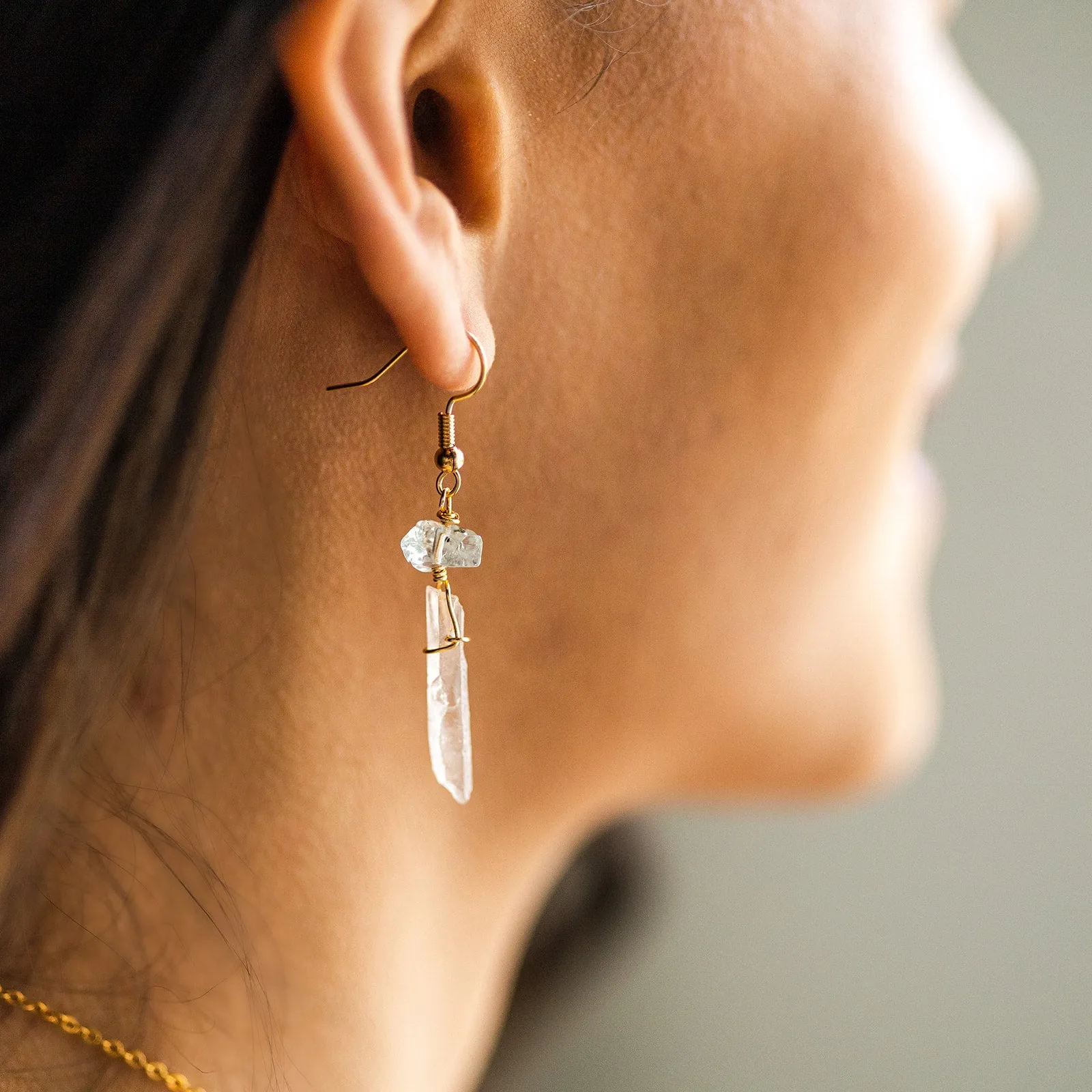 Wire Wrapped Crystal Earrings - Clear Quartz and Aquamarine