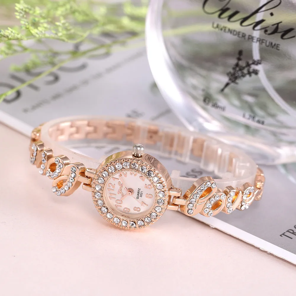 Women's Creative Love Full Diamond Quartz Set Watch Women's Quartz Watch Pieces