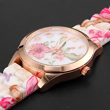 Women's Watch Fashion Colorful Flower Pattern Silicone Band