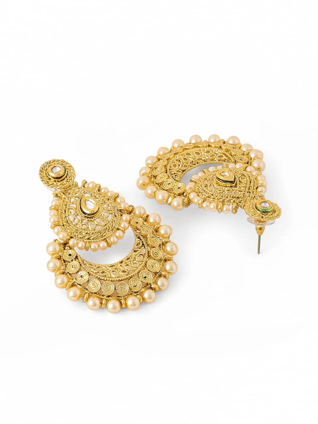 Yellow Chimes Chandbali Earrings for Women Gold Plated Kundan Studded Pearl Gilded 2 Layer Chand bali Earrings for Women and Girls.