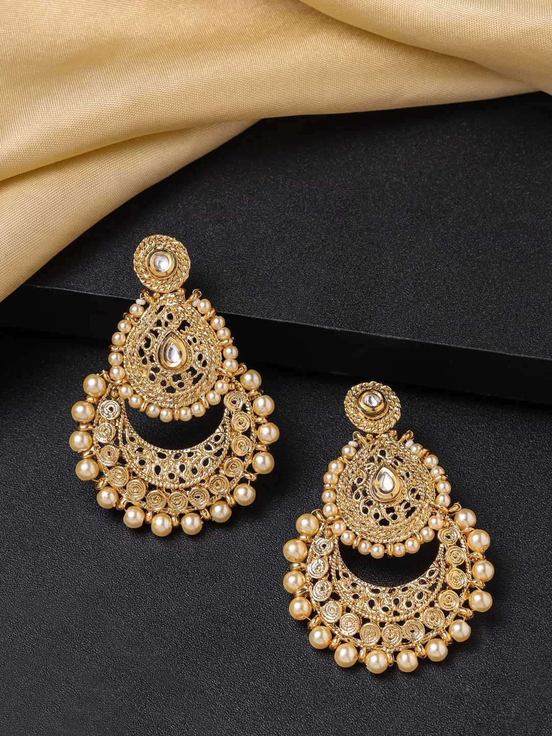 Yellow Chimes Chandbali Earrings for Women Gold Plated Kundan Studded Pearl Gilded 2 Layer Chand bali Earrings for Women and Girls.