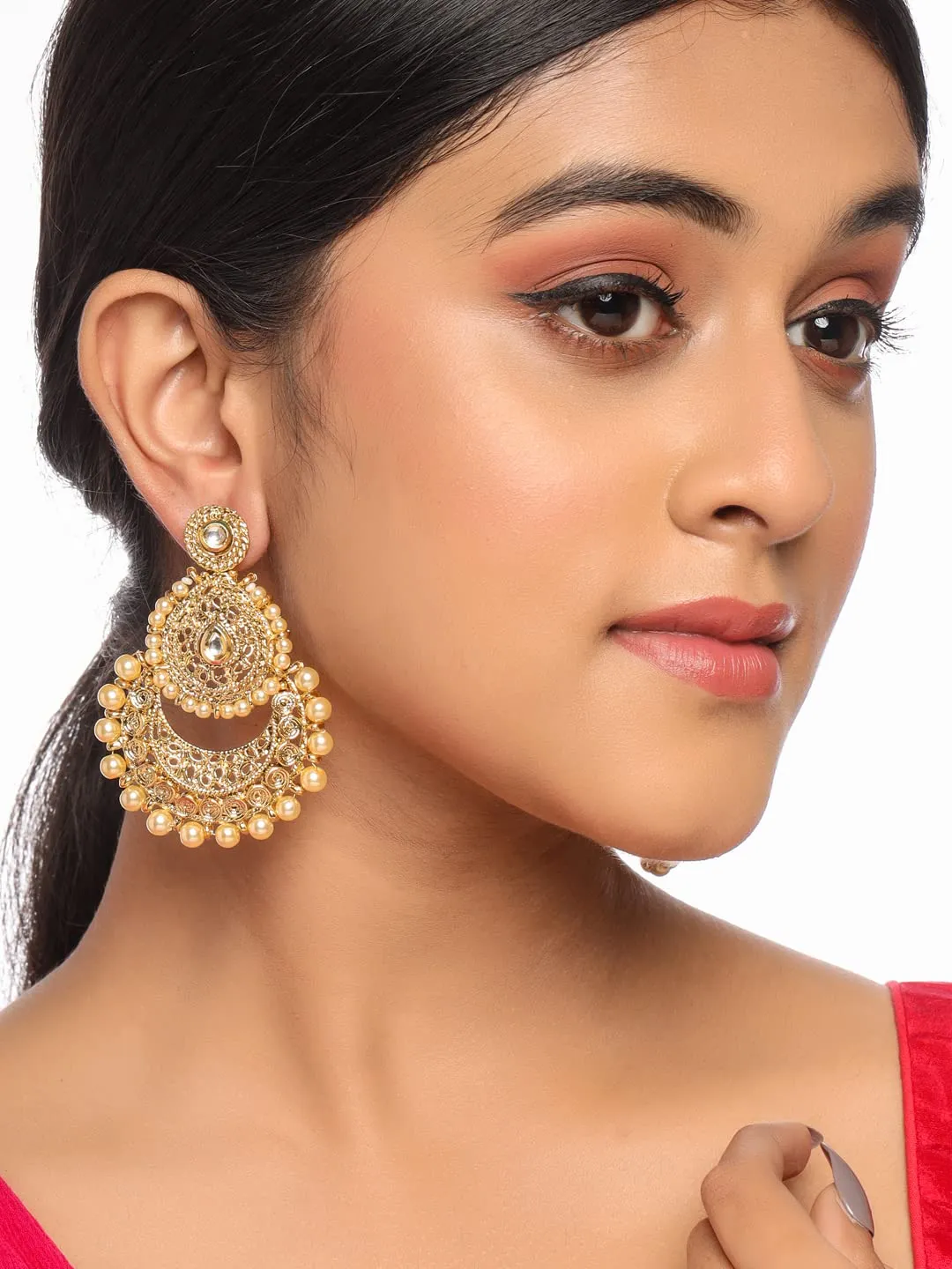 Yellow Chimes Chandbali Earrings for Women Gold Plated Kundan Studded Pearl Gilded 2 Layer Chand bali Earrings for Women and Girls.