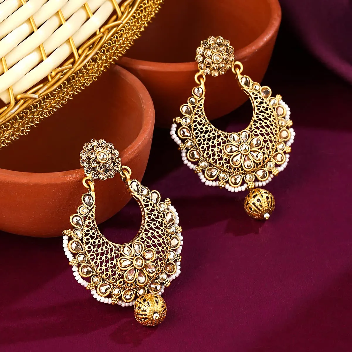 Yellow Chimes Earrings for Women & Girls Traditional Kundan Chandbali Earrings | Gold Plated | Floral Designed Kundan Chand Baliyan Earrings | Birthday Gift for girls & women Anniversary Gift for Wife