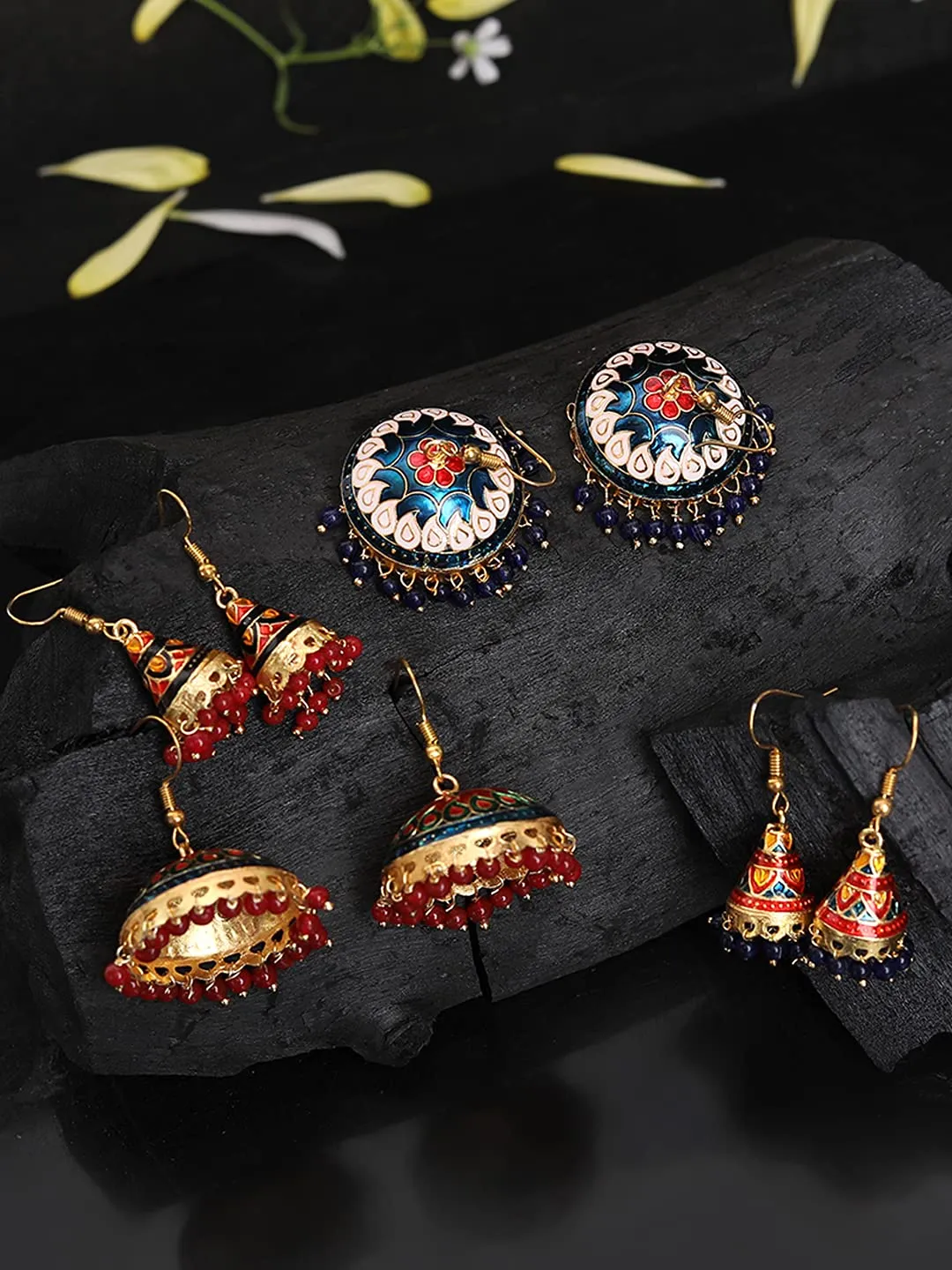 Yellow Chimes Gold Plated Meenakari Handcrafted Floral Designer Traditional Gold Plated Jhumka Jhumki Combo Earrings for Women and Girls